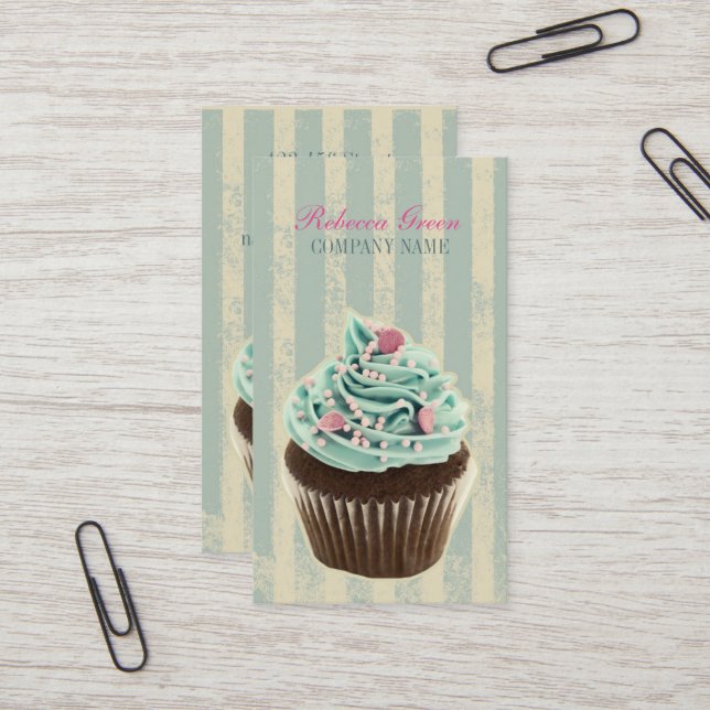 modern vintage teal  bakery dessert cupcake business card (Front/Back In Situ)