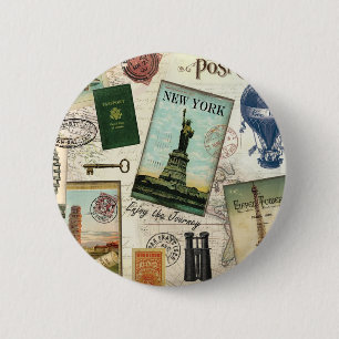 modern vintage travel collage 2 inch round button