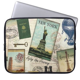 modern vintage travel collage laptop sleeve