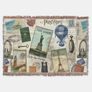 modern vintage travel collage throw blanket