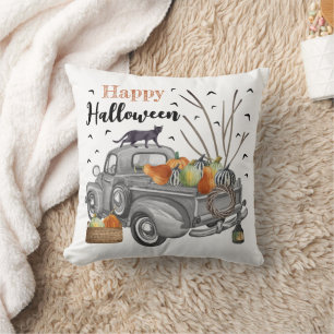 Modern Vintage Truck Happy Halloween Throw Pillow