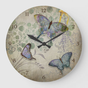 Modern Vintage Wallpaper Floral Design Butterflies Large Clock
