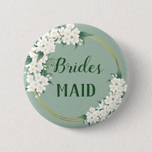 Modern Vintage White Flowers on Green Bridesmaid 2 Inch Round Button