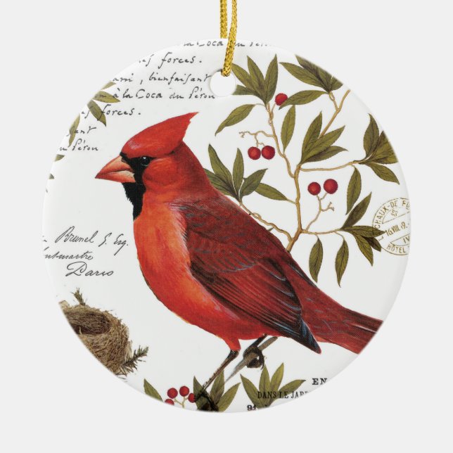 modern vintage winter cardinal ceramic ornament (Front)