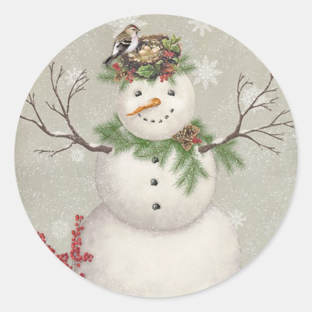 modern vintage winter garden snowman classic round sticker (Front)