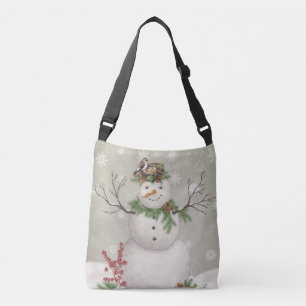 modern vintage winter garden snowman crossbody bag