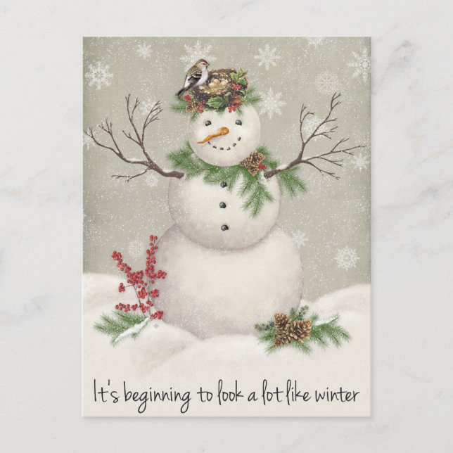 modern vintage winter garden snowman postcard (Front)