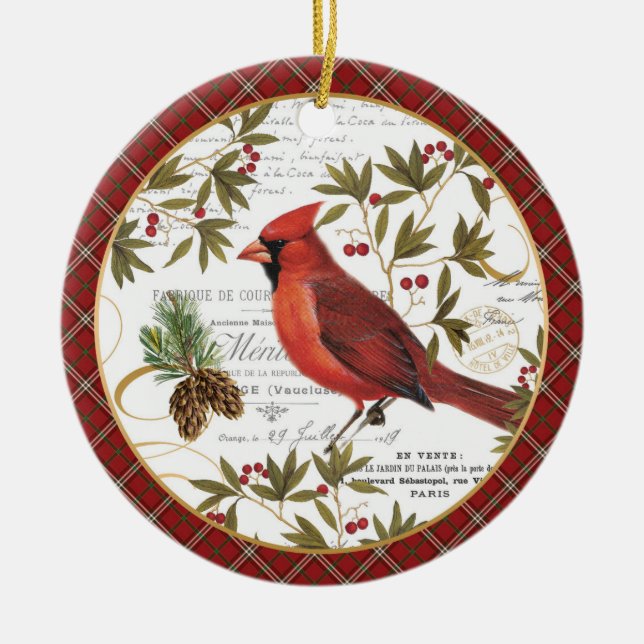 modern vintage winter woodland cardinal ceramic ornament (Front)