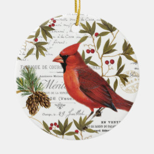 Modern vintage woodland cardinal ceramic ornament