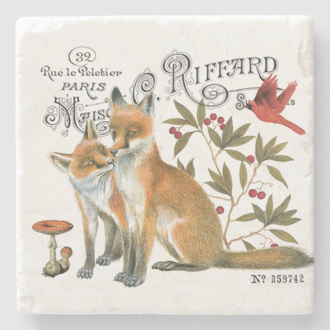 modern vintage woodland fox stone coaster (Front)