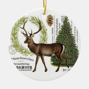 modern vintage woodland winter deer ceramic ornament