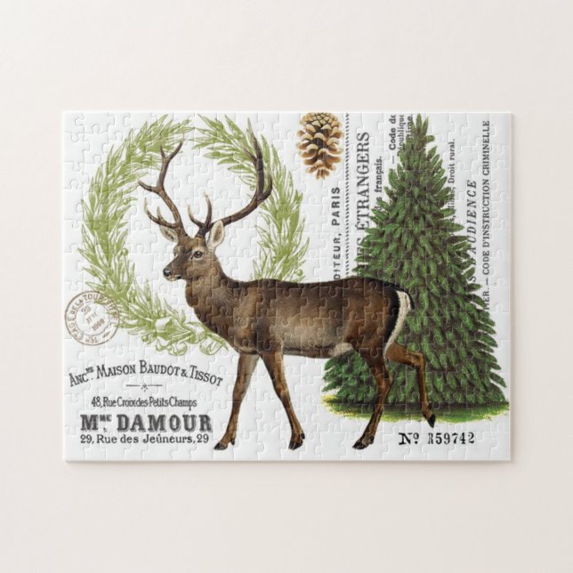 modern vintage woodland winter deer jigsaw puzzle (Horizontal)