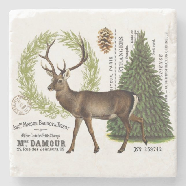 modern vintage woodland winter deer stone coaster (Front)