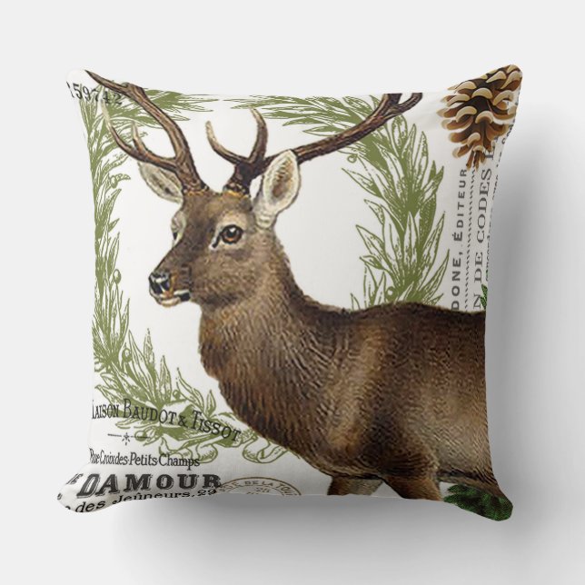 modern vintage woodland winter deer throw pillow (Front)