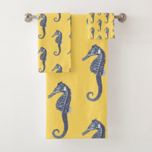 Modern Vintage Yellow Blue Seahorse  Bath Towel Set