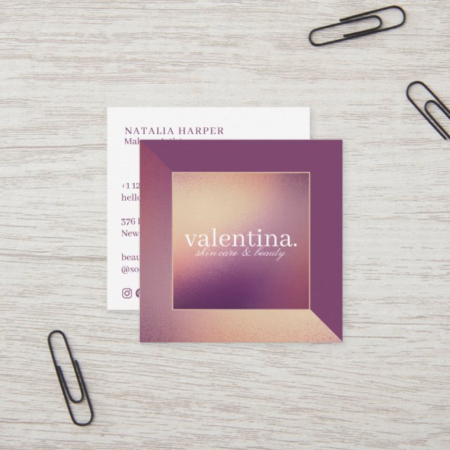 Modern Violet & Champagne Glitter Beauty Makeup Square Business Card (Front/Back In Situ)