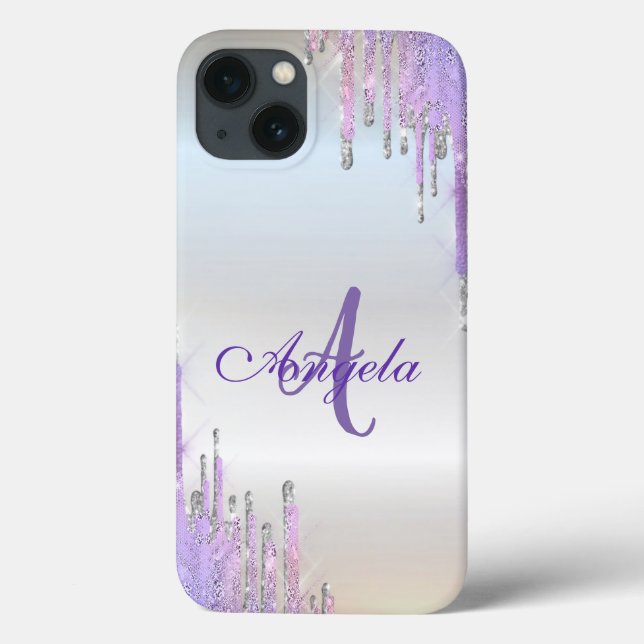 Modern Violet Glitter Drips,Silver,Monogram Case-Mate iPhone Case (Back)