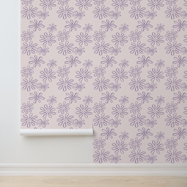 Modern Violet on Blush Flower Doodle Wallpaper (Application)