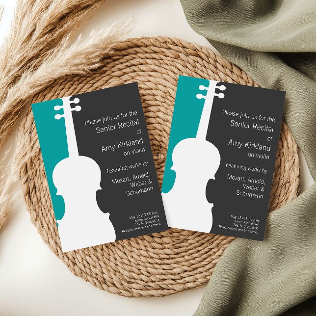 Modern Violin / Viola Recital Invitation - Blue (Modern violin customizable senior music recital invitation.)