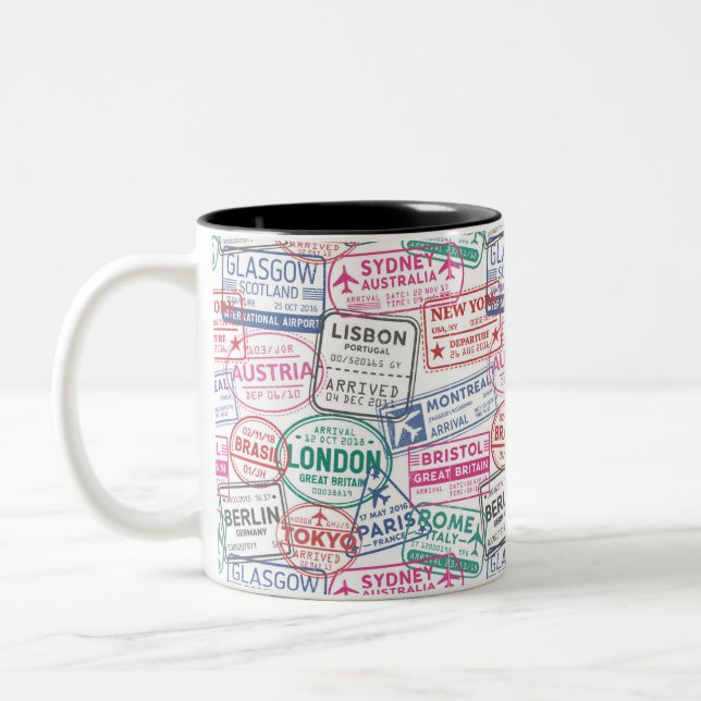 Modern Visa Stamp Pattern  Two-Tone Coffee Mug (Left)