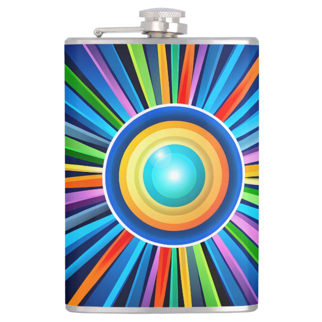 Modern wall clock with vibrant radial rainbow sunb hip flask (Front)