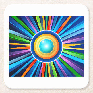 Modern wall clock with vibrant radial rainbow sunb square paper coaster