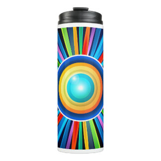 Modern wall clock with vibrant radial rainbow sunb thermal tumbler