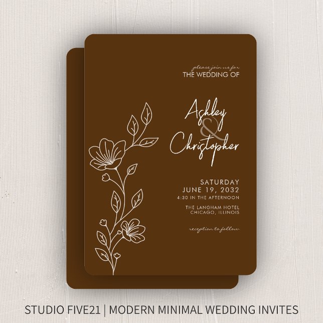 Modern Walnut Brown Foliage Outline Wedding Invitation (Creator Uploaded)