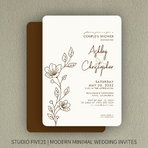 Modern Walnut Brown Foliage Outline Wedding Shower Invitation