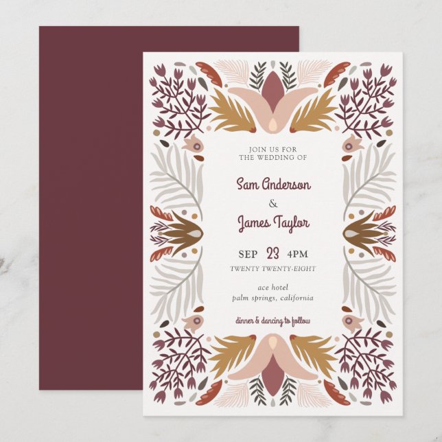 Modern Warm Geometric Botanical Boho Frame Wedding Invitation (Front/Back)