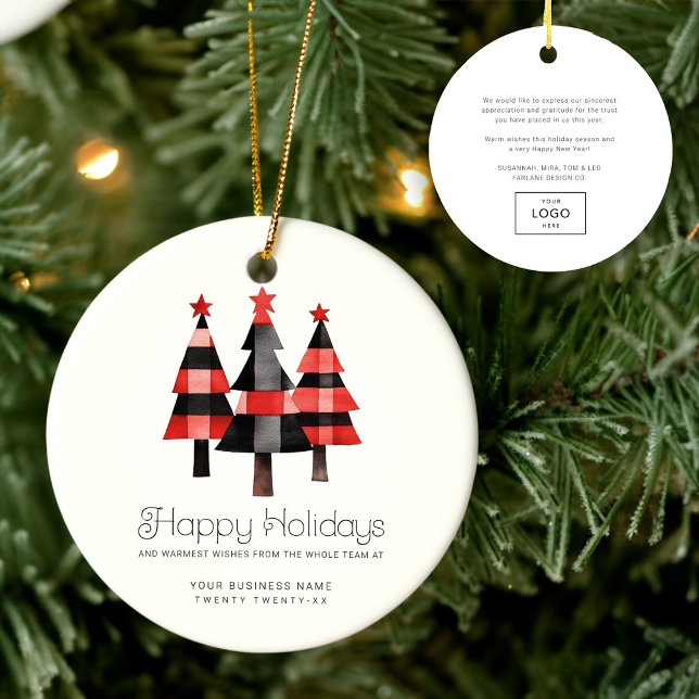 Modern Warm Plaid Christmas Trees Simple Business Ceramic Ornament (Creator Uploaded)