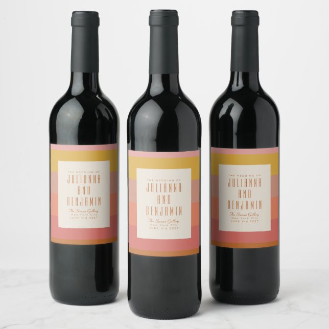 Modern Warm Stripes Geometric Custom Wedding  Wine Label (Bottles)