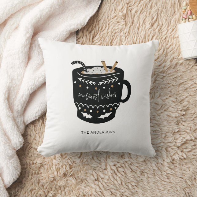 Modern Warmest Wishes Hot Cocoa Holiday Card Throw Pillow (Blanket)