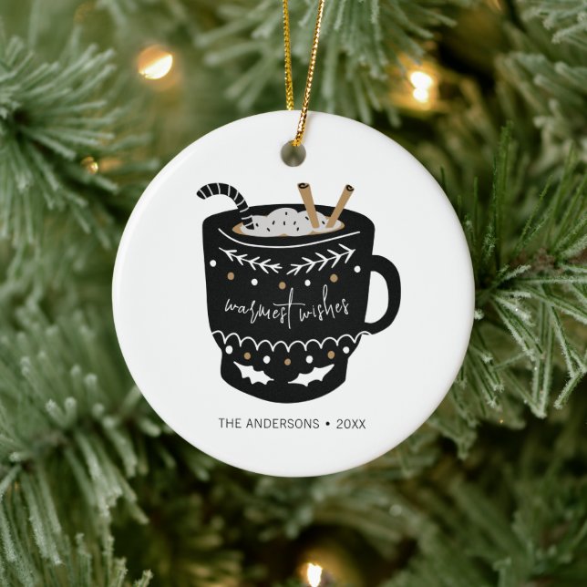 Modern Warmest Wishes Hot Cocoa Holiday Ceramic Ornament (Tree)