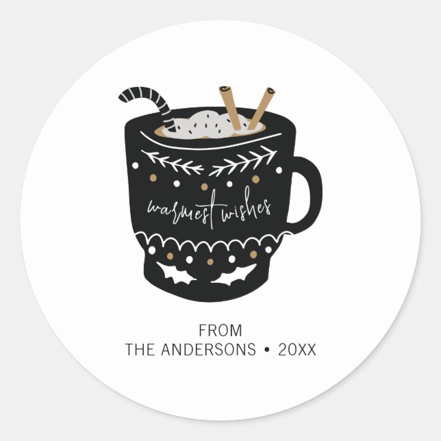 Modern Warmest Wishes Hot Cocoa Holiday Classic Round Sticker (Front)