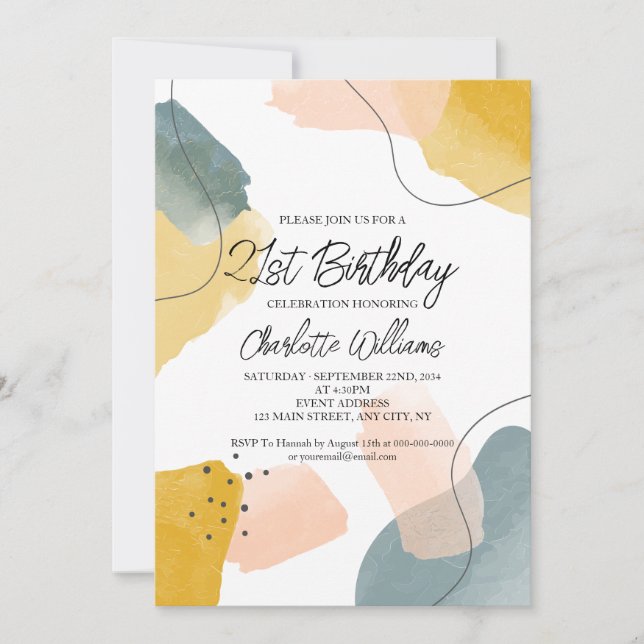 Modern Watercolor 21st Birthday Party Invitation (Front)