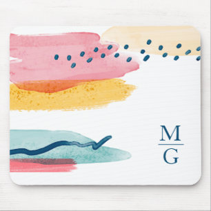 Modern Watercolor Abstract Monogram Pink Yellow Mouse Pad