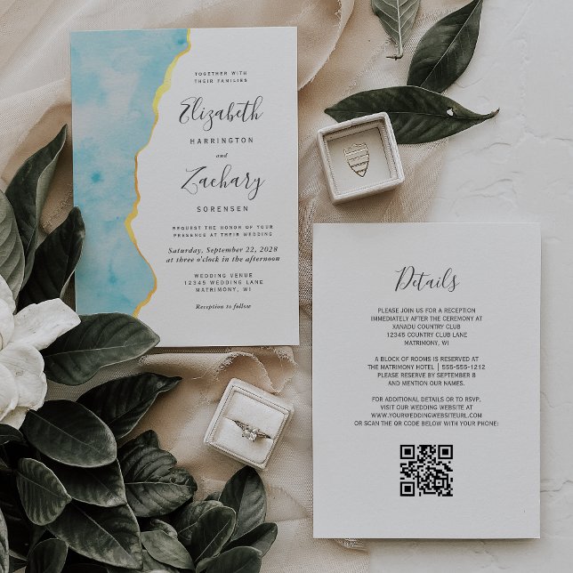 Modern Watercolor Aqua Blue Agate QR Code Wedding Invitation (Creator Uploaded)