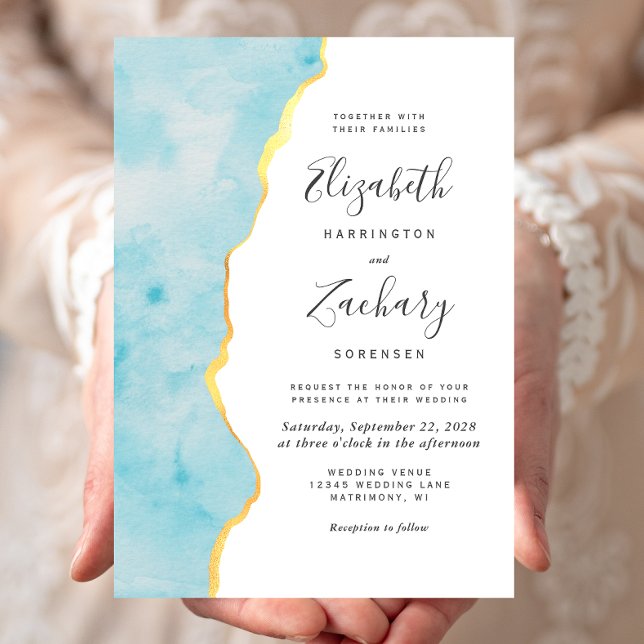 Modern Watercolor Aqua Blue Agate Wedding Invitation (Creator Uploaded)