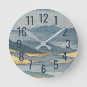 Modern Watercolor Art Blue and Gold Waves Round Clock