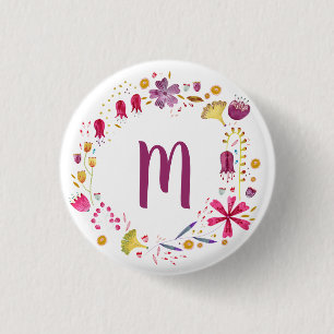 Modern Watercolor Autumn Flower Monogram 1 Inch Round Button