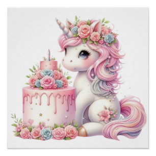 Modern watercolor baby unicorn with cake4 poster