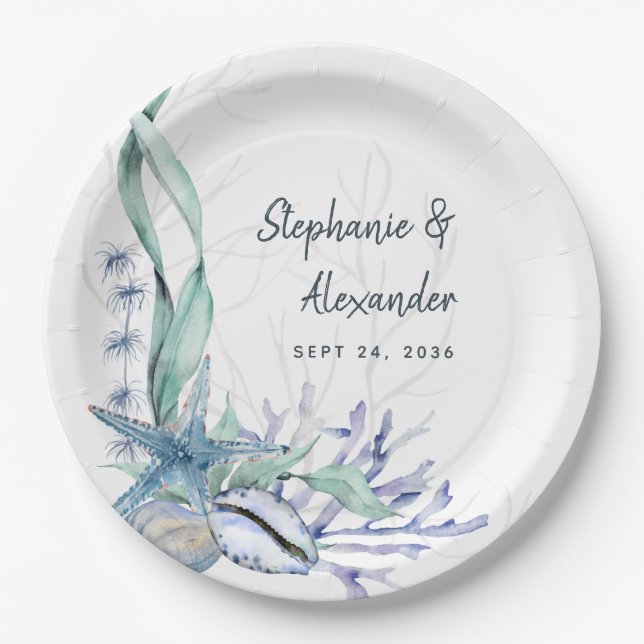 Modern Watercolor Beach Seashells Wedding Paper Plate (Front)