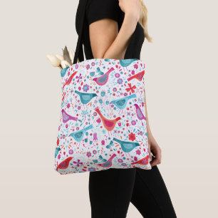 Modern Watercolor Birds and Flowers Colorful Tote Bag