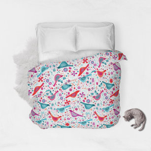 Modern Watercolor Birds and Flowers Colourful Duvet Cover