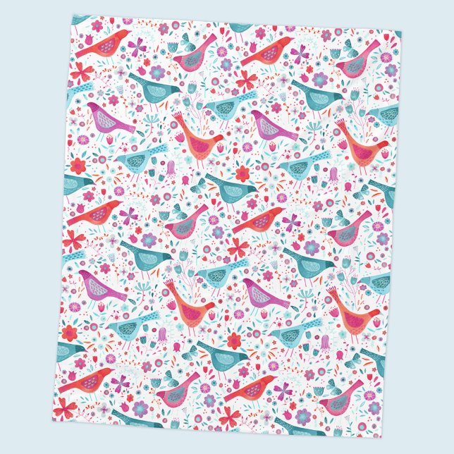 Modern Watercolor Birds and Flowers Colourful Fleece Blanket (Creator Uploaded)