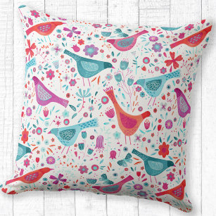 Modern Watercolor Birds and Flowers Colourful Throw Pillow