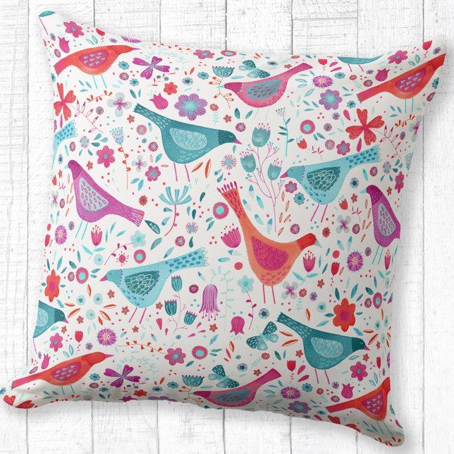 Modern Watercolor Birds and Flowers Colourful Throw Pillow (Watercolor bird and flower pink, orange, red and teal art throw pillow)
