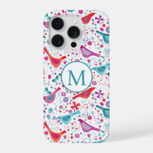 Modern Watercolor Birds and Flowers Monogram iPhone 15 Pro Case