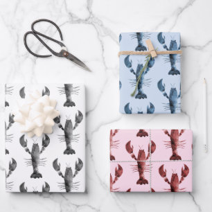 Modern Watercolor Black Blue Pink Lobster Wrapping Paper Sheet